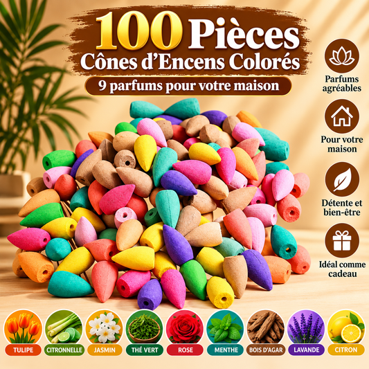 Cônes d'Encens à Reflux – Coffret 200 Pièces, 9 Parfums Colorés