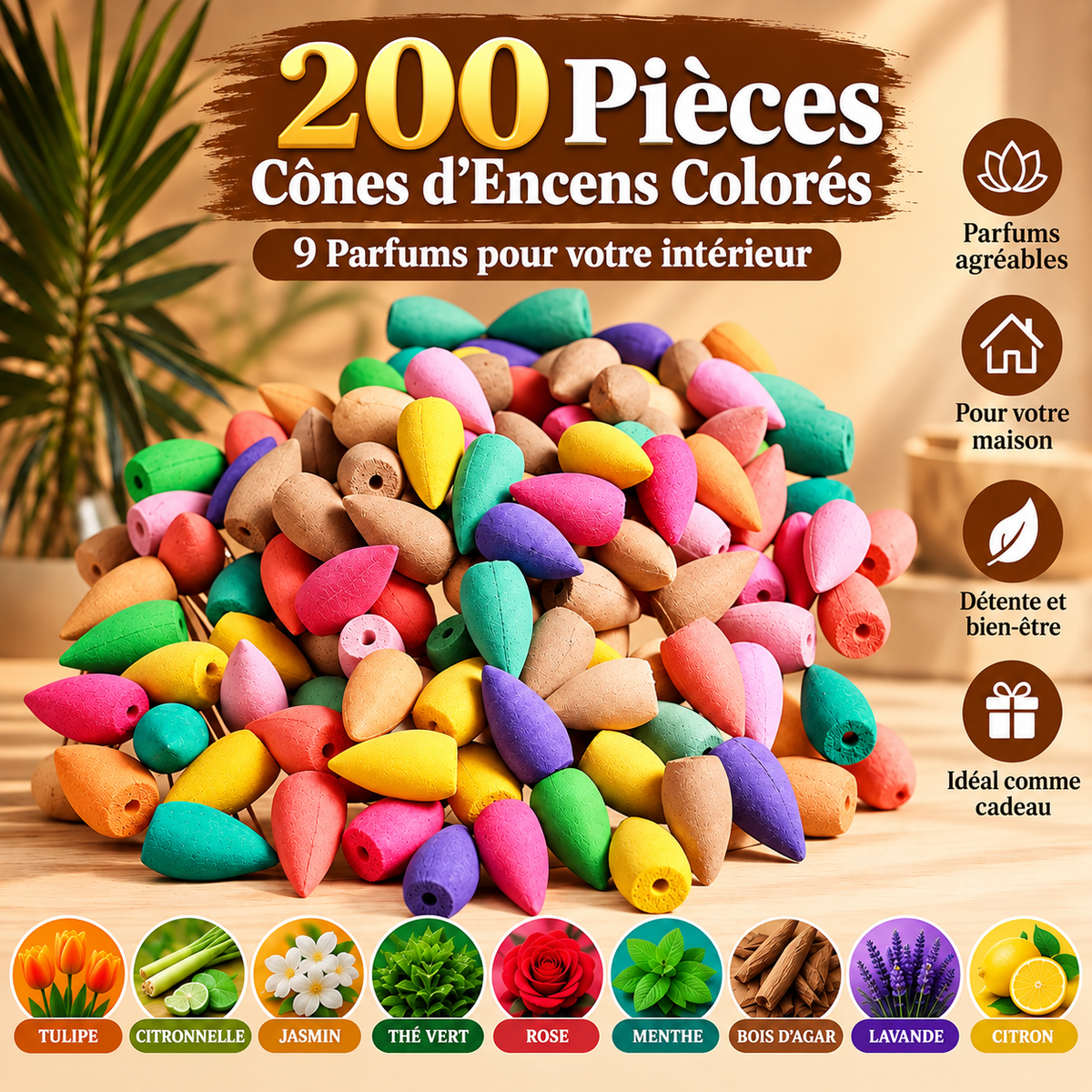 Cônes d'Encens à Reflux – Coffret 200 Pièces, 9 Parfums Colorés