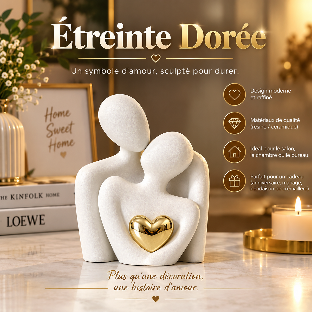 Statue Couple Enlacé – Cœur Doré