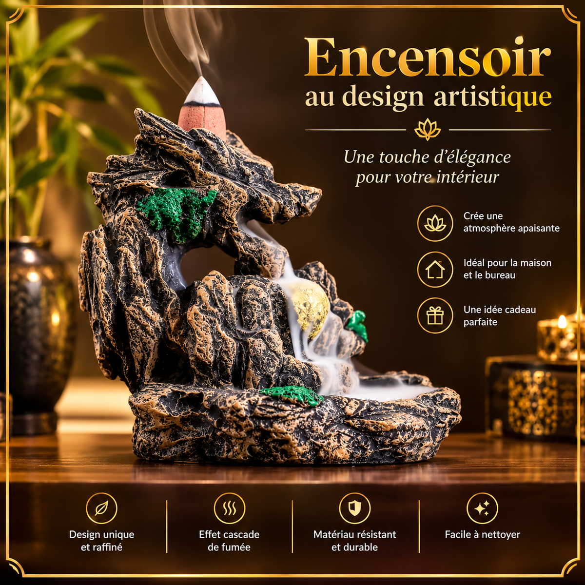 Encensoir à Reflux Cascade – Rocher Artisanal Noir & Or