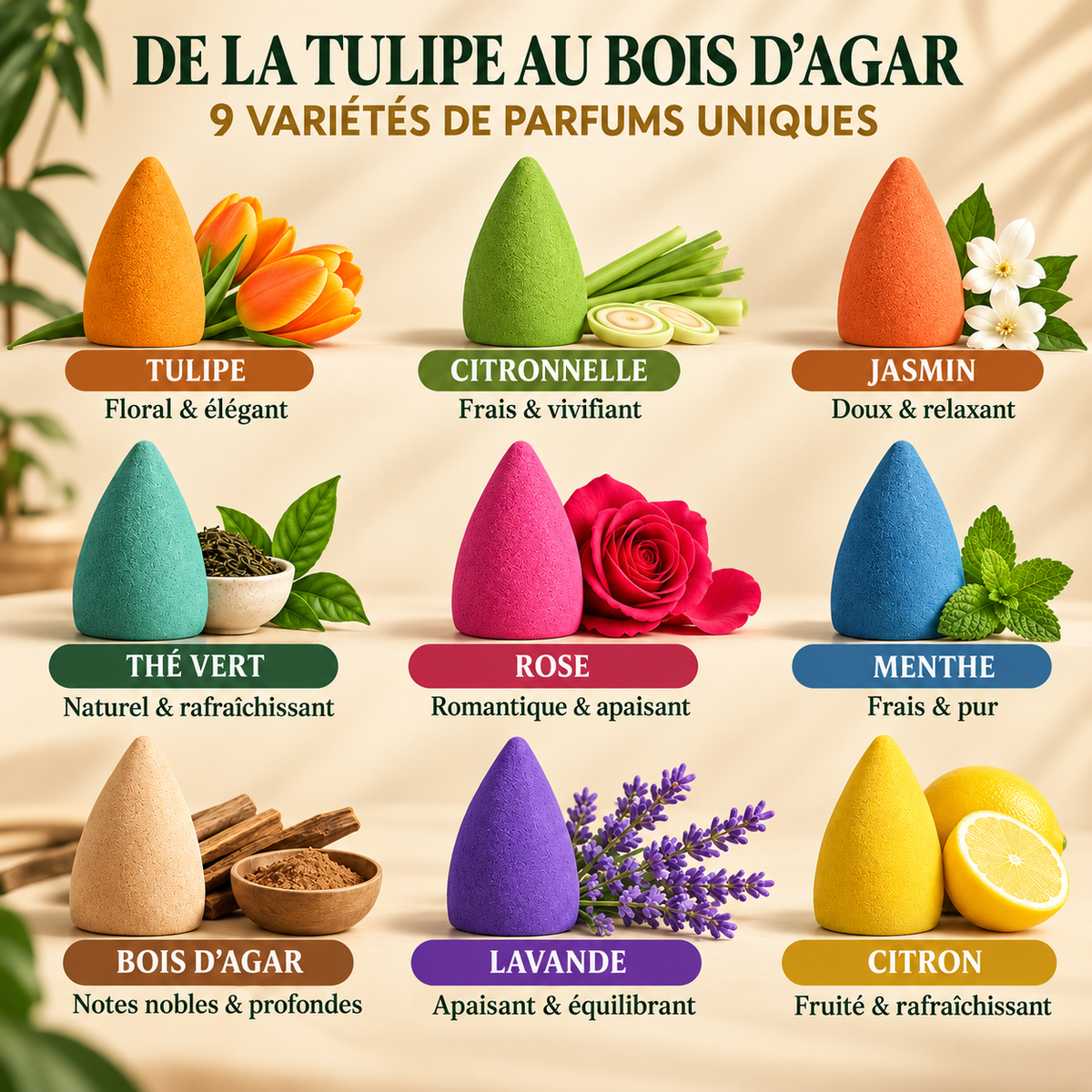 Cônes d'Encens à Reflux – Coffret 200 Pièces, 9 Parfums Colorés