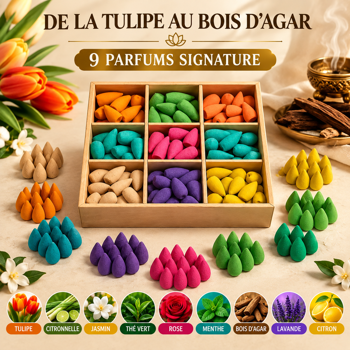 Cônes d'Encens à Reflux – Coffret 200 Pièces, 9 Parfums Colorés