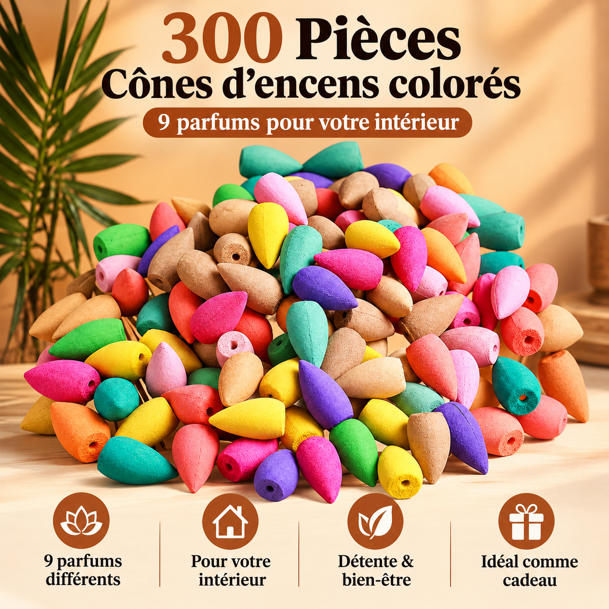 Cônes d'Encens à Reflux – Coffret 200 Pièces, 9 Parfums Colorés